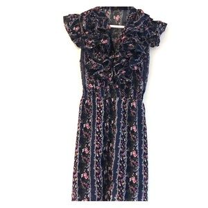 Navy Floral Ruffle Sleeved Tie Back Elastic Dress